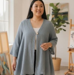 Cotton Lani 2XL Blue Cotton Gauze Open Front Cardigan Top Made in USA